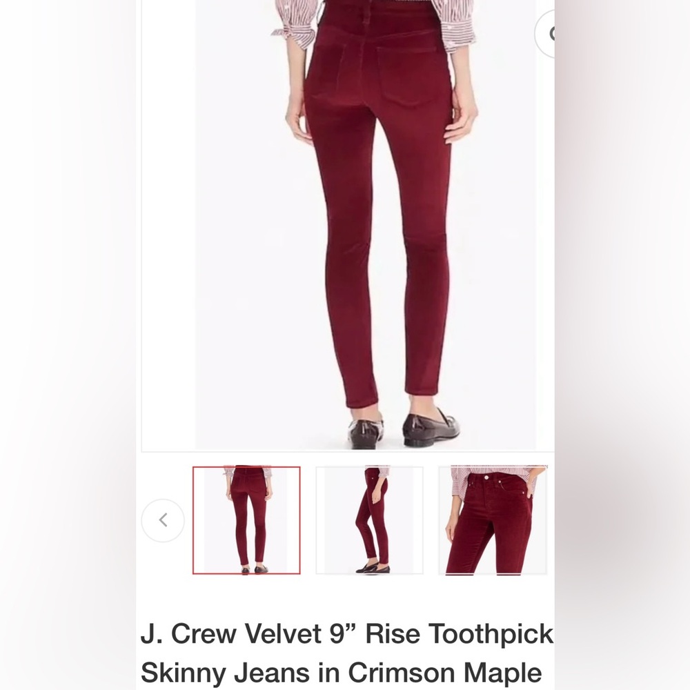 J. Crew Velvet 9" Rise Toothpick Skinny Jeans in Crimson Maple - Size 25 - Picture 8 of 10